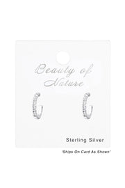 Sterling Silver Semi Hoops Ear Studs With Crystal - SS