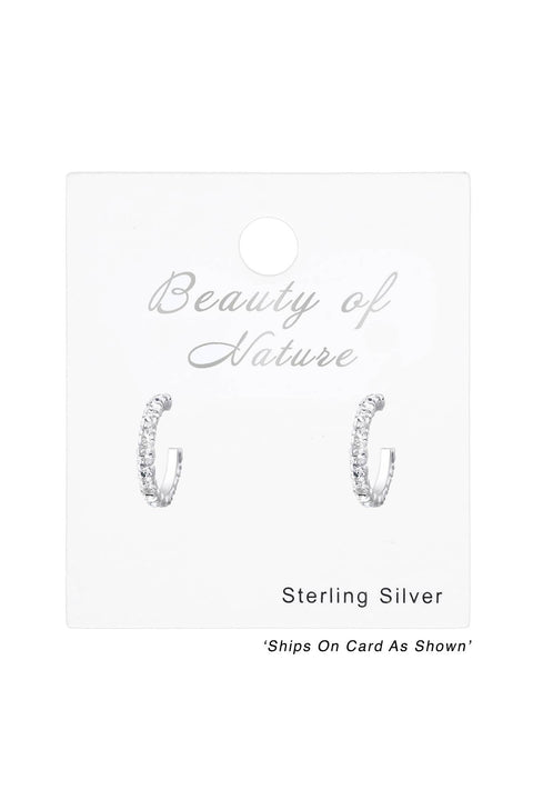 Sterling Silver Semi Hoops Ear Studs With Crystal - SS