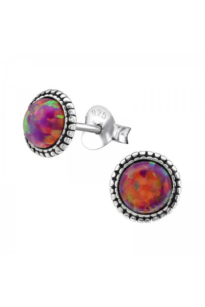 Sterling Silver Round Ear Studs With Opal - SS