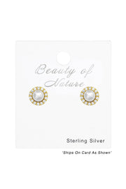 Sterling Silver Geometric Ear Studs With CZ and Pearl - VM