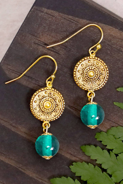 Teal Murano Glass & Mandala Disc Drop Earrings - GF