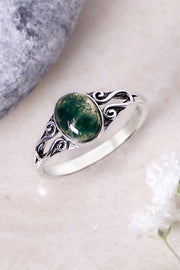 Sterling Silver & Moss Agate Bali Scroll Ring - SS