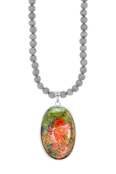 Gray Druzy Quartz Beads Necklace With Unakite Pendant - SF