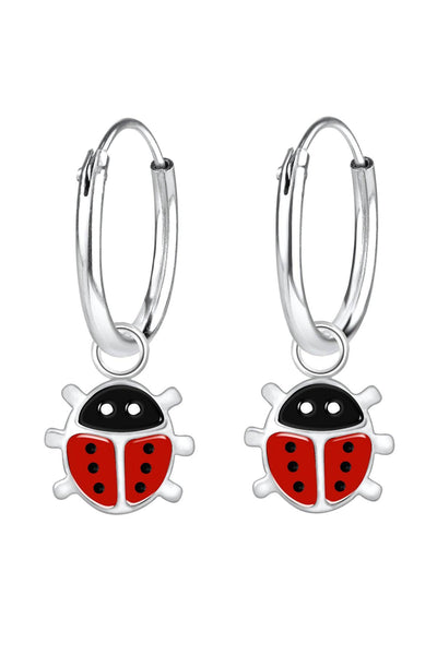 Sterling Silver Ladybug Charm Hoop Earrings - SS