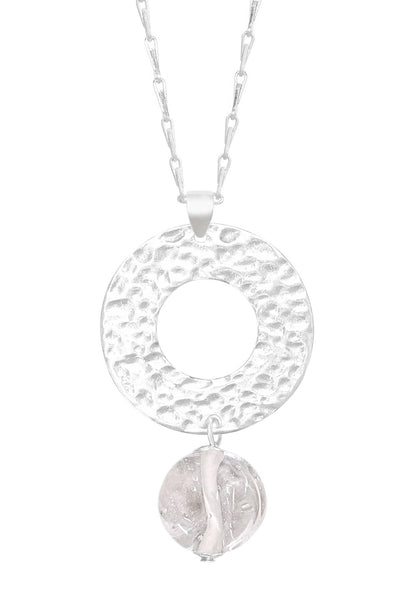 Clear Murano Glass & Hammered Circle Pendant Necklace - SF