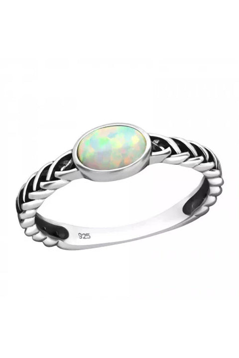 Sterling Silver Oval Ring & Created Fire Snow Opal - SS