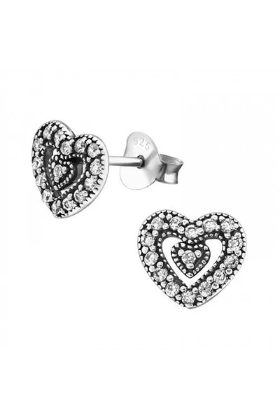 Sterling Silver Heart Ear Studs With Cubic Zirconia - SS
