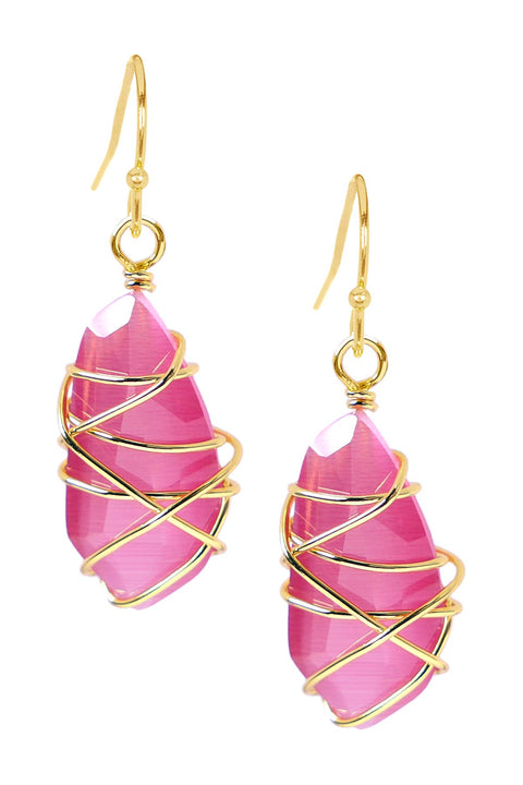 Pink Cat's Eye Wire Wrapped Drop Earrings - GF