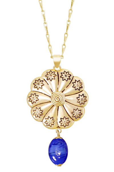 Blue Murano Glass & Hammered Floral Disc Necklace - GF