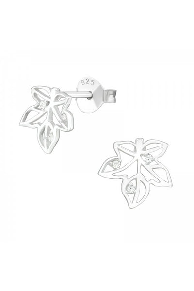 Sterling Silver Leaf Ear Studs With Cubic Zirconia - SS