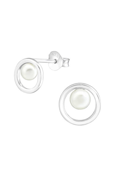 Sterling Silver Circle Ear Studs With Snythetic Pearl - SS