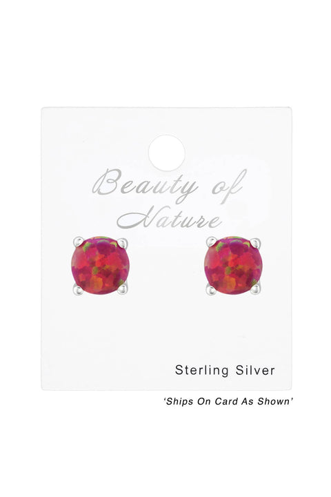 Sterling Silver Round Ear Studs With Opal - SS
