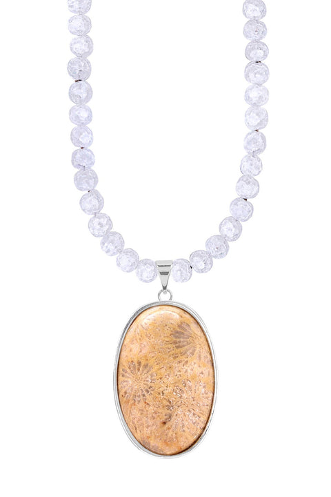 Crystal Quartz Beads Necklace With Lily Fossil Pendant - SF