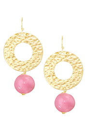 Pink Murano Glass & Hammered Circle Drop Earrings - GF