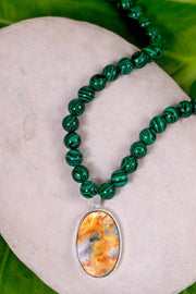 Malachite Beads Necklace With Crazy Lace Agate Pendant - SF