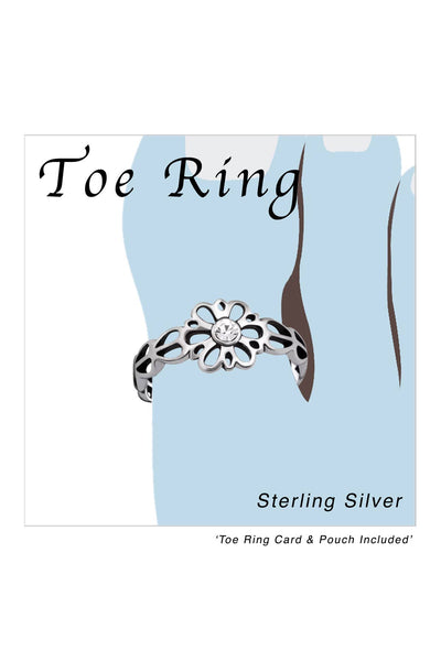 Sterling Silver Flower Adjustable Toe Ring With Crystal - SS
