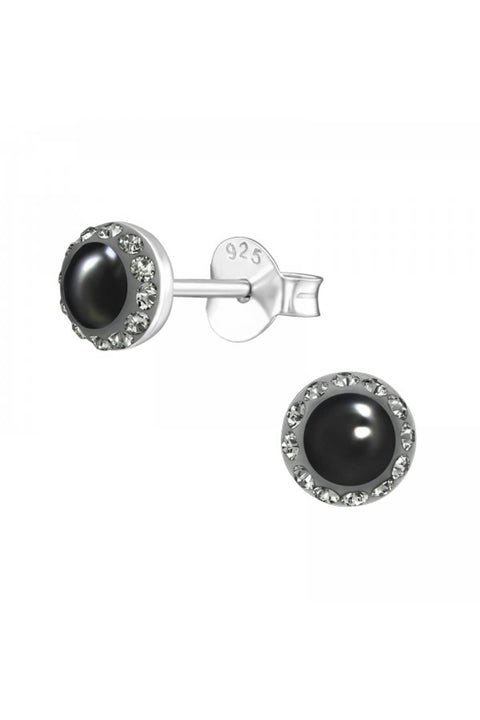 Silver Round Ear Studs With Pearl and Genuine Crystals - SS