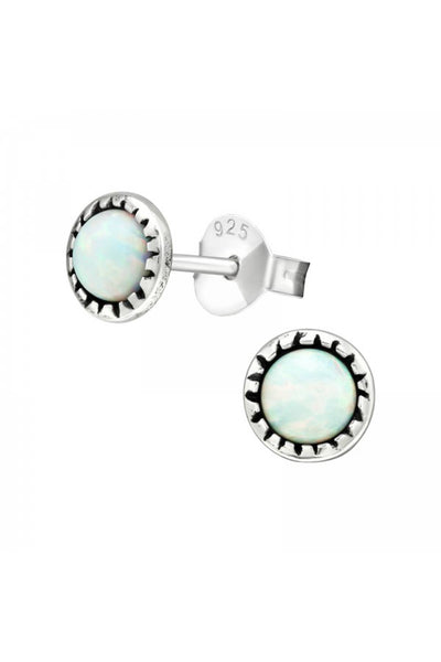 Sterling Silver Round Ear Studs With Opal - SS