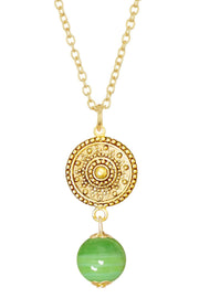 Green Murano Glass & Mandala Disc Pendant Necklace - GF