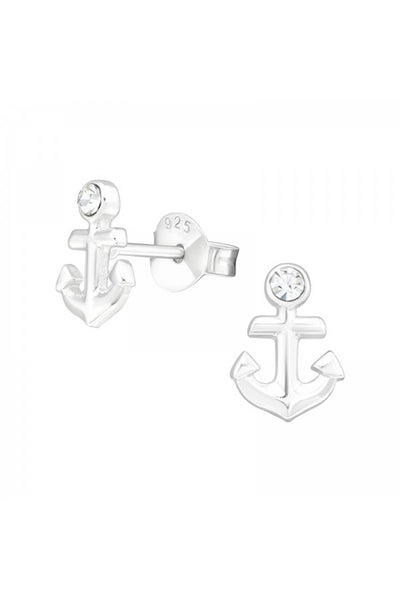 Sterling Silver Anchor Ear Studs With Crystal - SS