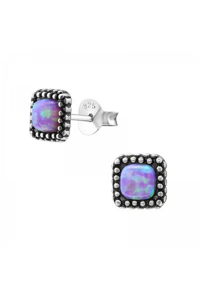 Sterling Silver Square Ear Studs With Opal - SS
