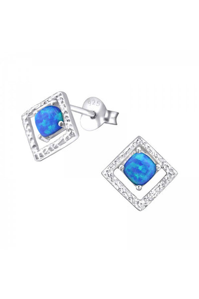 Sterling Silver Square Ear Studs With Opal - SS