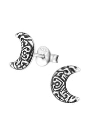 Sterling Silver Ethnic Crescent Moon Stud Earrings - SS