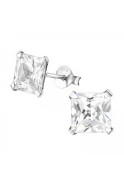 Sterling Silver Square 7mm Ear Studs With CZ - SS