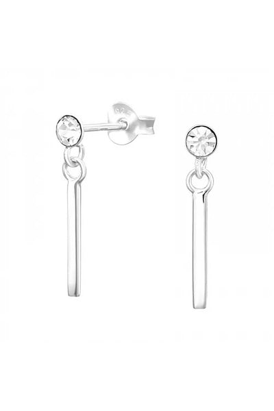 Sterling Silver Hanging Bar Ear Studs With Crystal - SS
