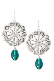 Teal Murano Glass & Hammered Floral Disc Drop Earrings - SF