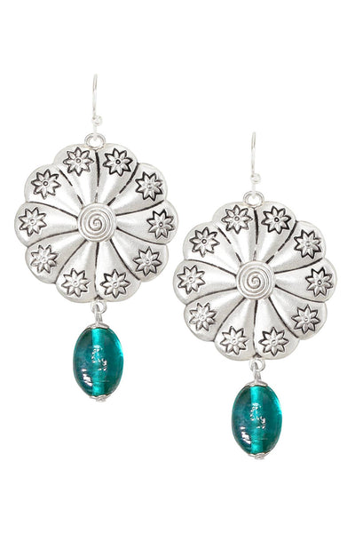 Teal Murano Glass & Hammered Floral Disc Drop Earrings - SF