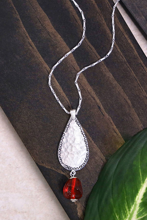 Red Murano Glass & Hammered Teardrop Pendant Necklace - SF