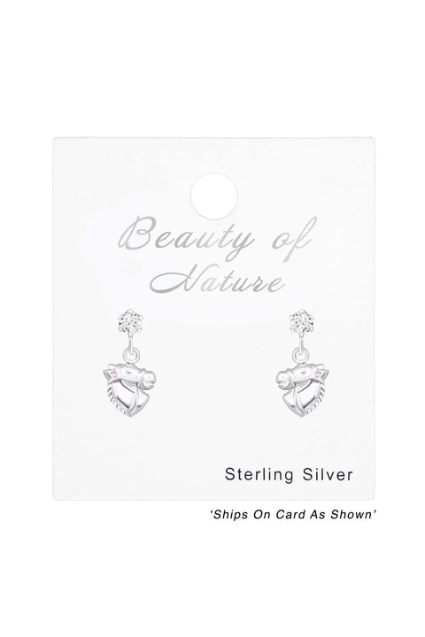 Sterling Silver Ear Studs with Hanging Horse & Crystals - SS