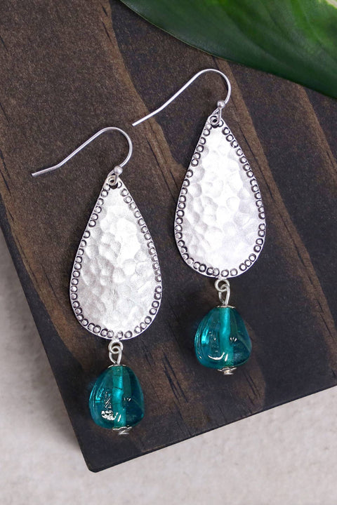 Teal Murano Glass & Hammered Teardrop Earrings - SF