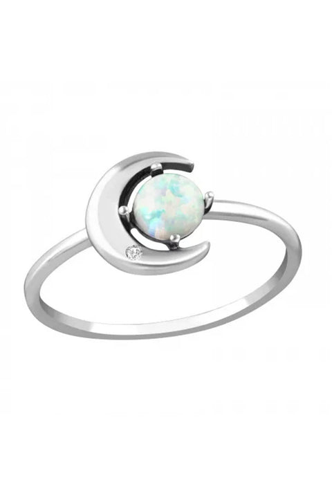Sterling Silver Moon Ring With CZ and Opal - SS