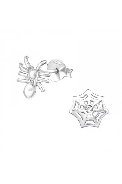 Sterling Silver Spider & Spider Web Ear Studs & Crystal - SS