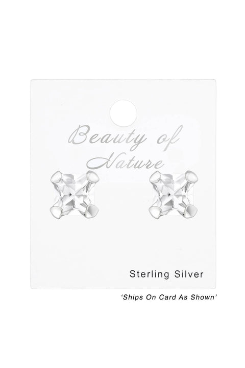 Sterling Silver Square 4mm Ear Studs With CZ - SS