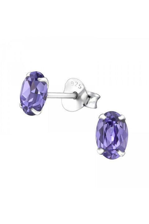 Sterling Silver Oval Ear Studs With Genuine Crystals - SS