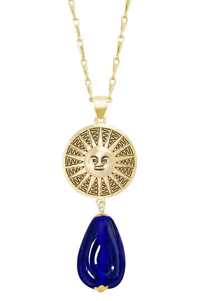 Blue Murano Glass & Aztec Sun Pendant Necklace - GF