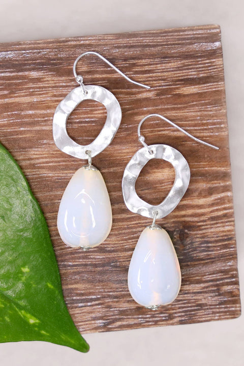 White Murano Glass & Hammered Hoop Drop Earrings - SF