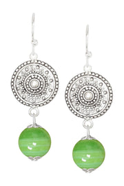 Green Murano Glass & Mandala Disc Drop Earrings - SF